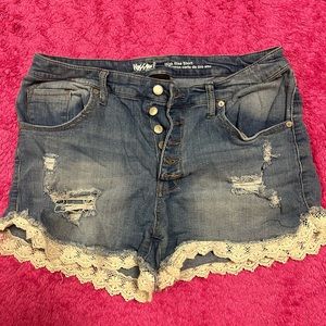 High Waisted Jean Shorts w/ Lace Trim